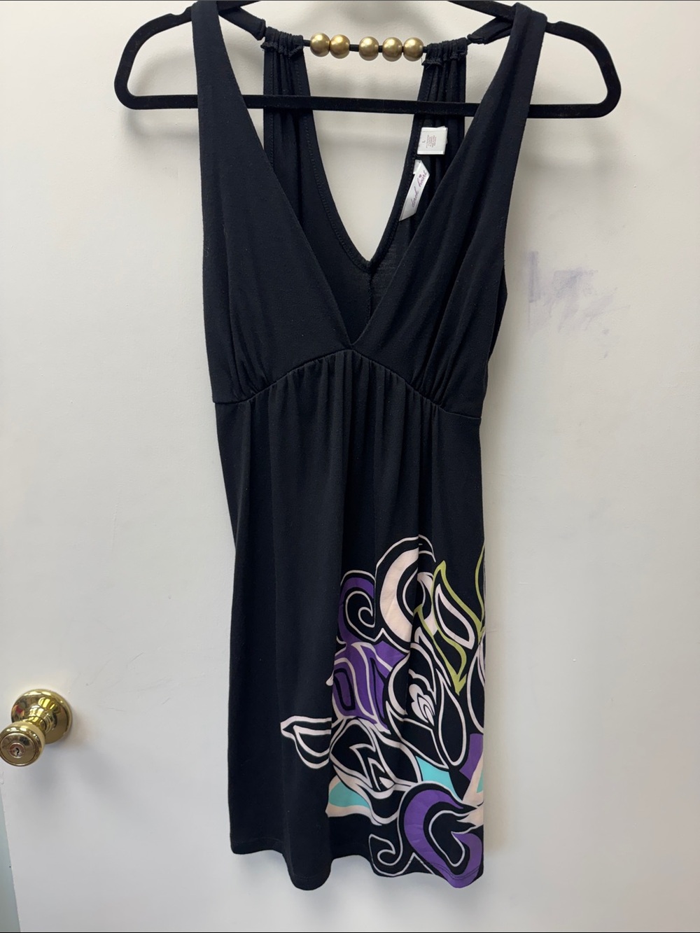 Derek Heart Black Mini Dress with Purple, Teal & Cream Abstract Hem